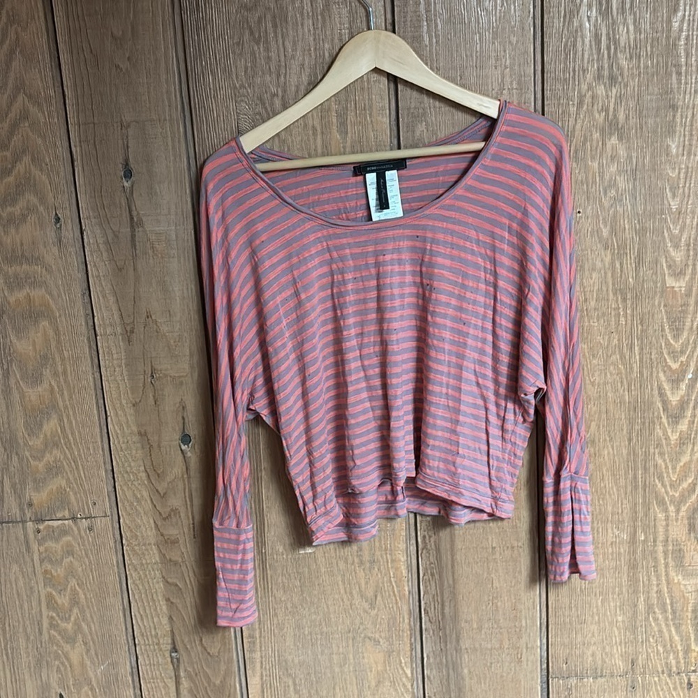 BCBG Maxazria striped dropped shoulder long sleeve high low women’s tee size S